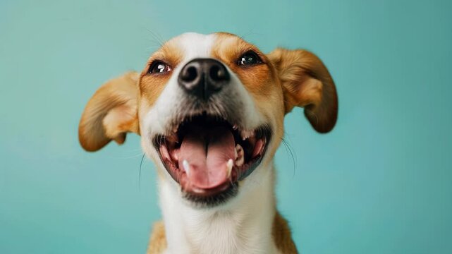 A dog with its mouth open, looking up and smiling. AI.