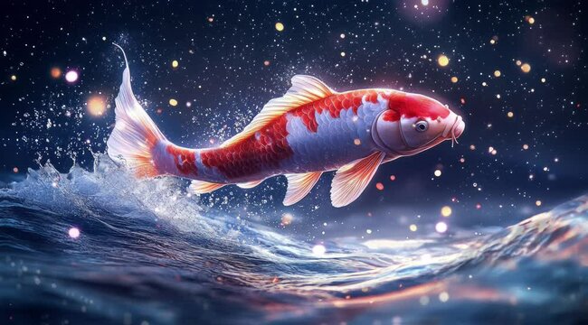koi fish jumping on the surface of the water. Seamless looping time-lapse virtual 4k video animation background