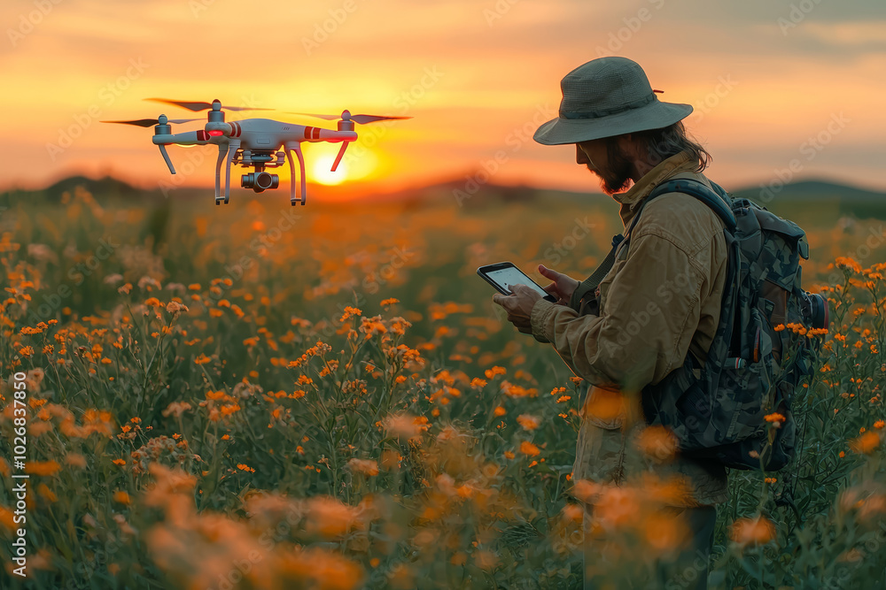 Poster a farmer adjusting a drone's settings through a mobile app, showcasing the ease of use and accessibi
