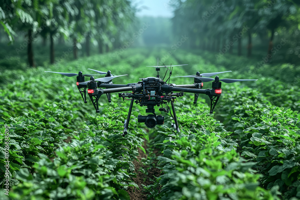 Poster a drone used to create 3d models of fields for optimized planting strategies, highlighting precision