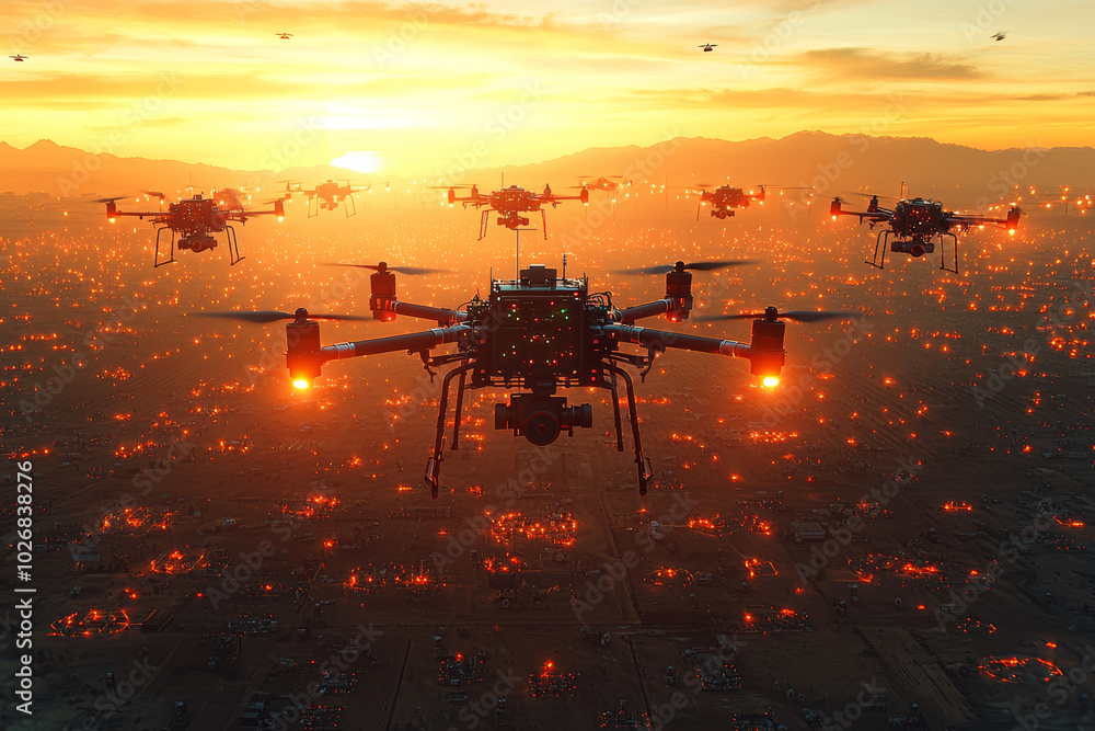 Poster a drone swarm collecting data across a vast expanse of farmland, showcasing the scalability of drone