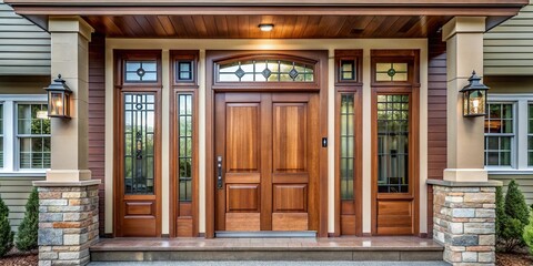 Craftsman style front door with sidelights and transom window