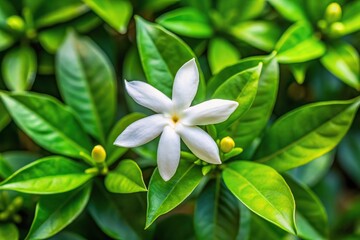 Fototapeta premium Crape jasmine flower blooming in the garden with green leaves background from an aerial view