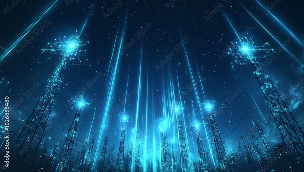 Poster abstract digital rendering of power lines with glowing light beams against a starry sky.