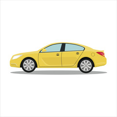 Vector illustration of single sedan in cartoon flat style. Compact sedan land vehicle in colorful with shadow. Modern technology of transportation. Luxury car in side view. Gasoline and electric car