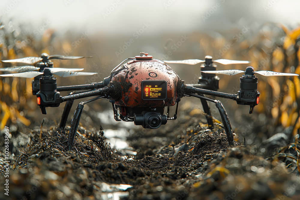 Poster a drone capturing real-time data on soil moisture levels, illustrating the integration of iot and dr