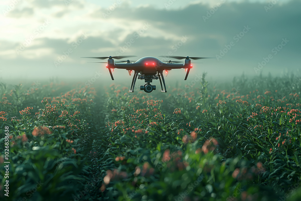 Poster a drone autonomously monitoring large-scale farmland, emphasizing the increased efficiency of drone 