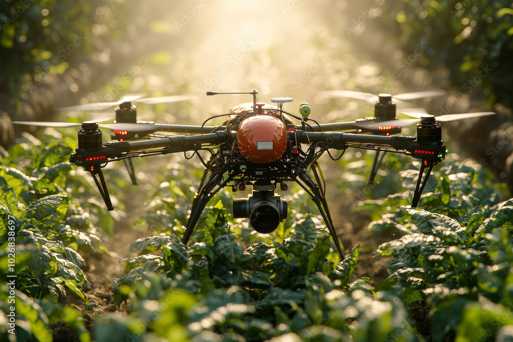 Poster a drone applying fertilizers in a targeted manner, illustrating the resource efficiency of drones in