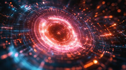 Obraz premium A glowing target with pink and blue lines illustrates a high-tech concept of precision and speed, enhanced by AI generative elements.