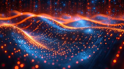 Obraz premium A glowing wave of digital points creates a futuristic background for technology-themed presentations.