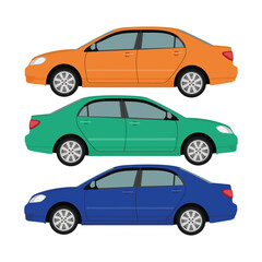 Fototapeta premium Vector illustration of three sedan with different color in cartoon flat style. Car side view. Hybrid and electric car blueprint. Compact sedan automobile transportation modern technolog