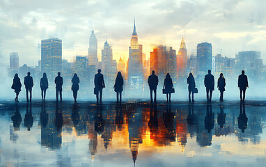 Fototapeta premium Modern Business Team: Silhouettes Against City Skyline