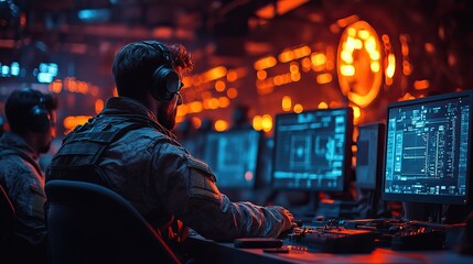 Fototapeta premium A group of soldiers or spies monitors advanced satellite communication systems in a dark room with missile launch capabilities.