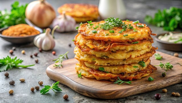 Crispy potato pancakes rosti fritters with herbs and garlic on white background