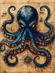 A nautical map with mermaids, sea monsters, and a vintage compass on a beige background with blue octopus tentacles decorating the fantasy illustration