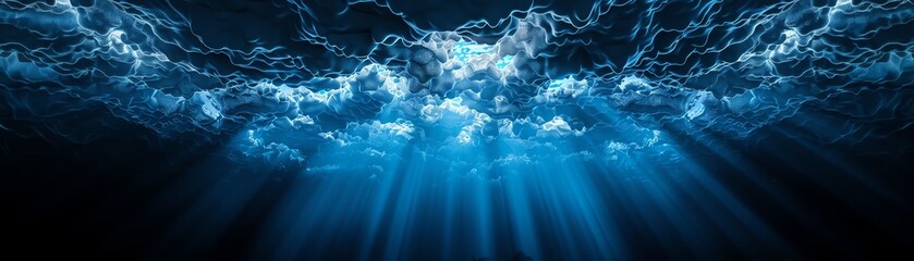 Fototapeta premium Underwater diamond cave, glowing marine life, 3D illustration