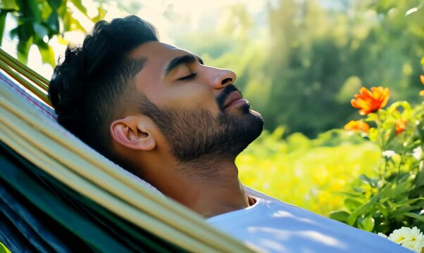 Tunisian Man Sleeping in a Hammock in a Scenic Garden