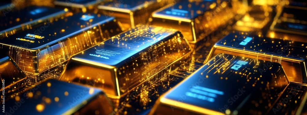 Poster close up of a pile of gold bars with a shallow depth of field, shot in a studio.