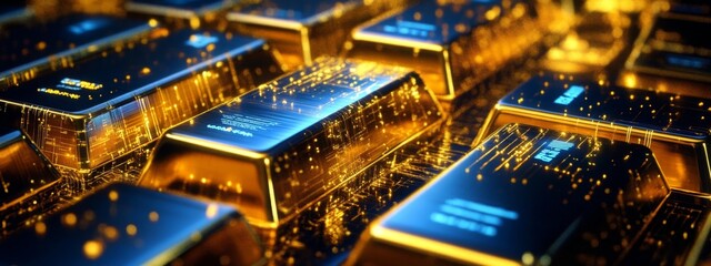 Fototapeta premium Close up of a pile of gold bars with a shallow depth of field, shot in a studio.