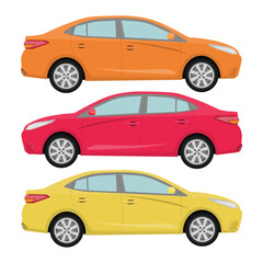 Fototapeta premium Vector illustration of three sedan with different color in cartoon flat style. Car side view. Hybrid and electric car blueprint. Compact sedan automobile transportation modern technolog