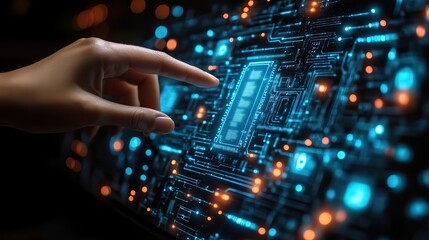 Obraz premium A hand touches a new technology inscription on a virtual interface, showcasing digital innovation.