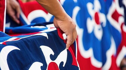 Naklejka premium Close-up of Hand Adjusting Red, White, and Blue Fabric