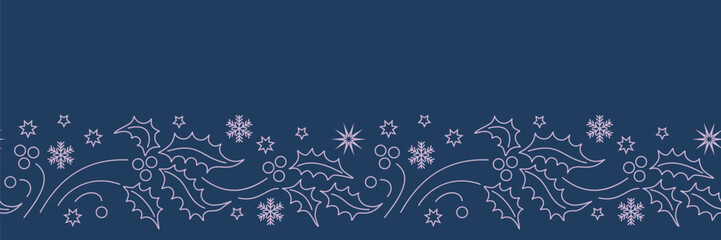 Christmas seamless border with ilex leaves and berries on dark blue background. Endless frame for greeting card, Xmas interior design, horizontal banner, ets. Vector illustration. Not AI created.