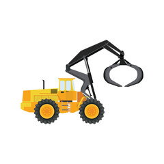 Vector illustration of log loader in cartoon flat style.Tracked shovel log loader vehicle for worknig at forest area for sorting and loading wood pile. Heavy forestry machine for harvest log
