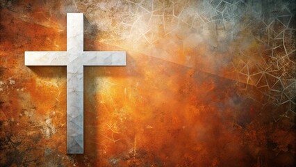 cross backdrop in rust orange white gray sage polygons with white glow and copy space