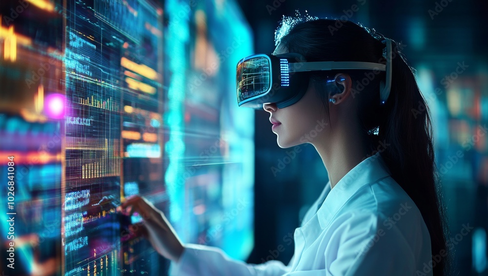 Poster a female scientist wearing a vr headset interacts with a holographic display of data in a lab settin