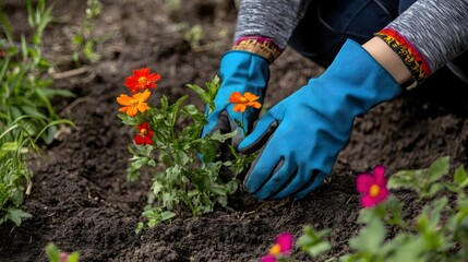 Woman Gardening with Blue Gloves in the Ground