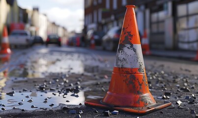 Traffic cone on the road. Shallow depth of field
