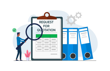 Request for quotation or invitation for bid concept. A man checking for RFQ documents to fulfil certain project