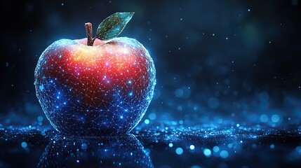 A low-poly blue illustration of a polygonal apple, merging simplistic geometric design with modern technology themes.