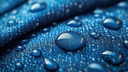 Fototapeta premium A macro shot of water drops on a waterproof membrane fabric, demonstrating new technology in waterproofing for active lifestyle footwear.