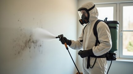 Mold remediation service: A professional worker spraying products to remove mold before house painting, clad in a protective suit and respirator mask, with a backpack sprayer at a home renovation site