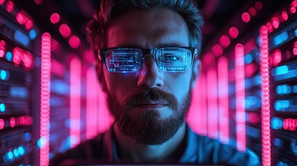 A male IT specialist using a tablet to manage servers in a data center, reflecting e-business and cloud computing.