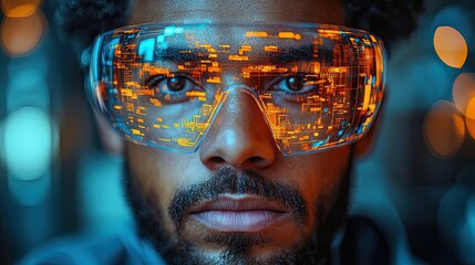 A male worker utilizing a holographic display to view global shipping data, representing modern Industry 5.0 concepts.