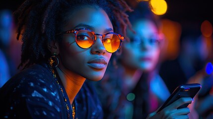 A man and woman engaged with smartphones while attending a conference, illustrating digital communication.