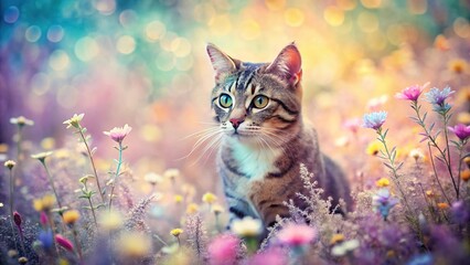 Obraz premium Curious Feline Exploring Enchanting Pastel Hued Flower Field in Whimsical Watercolor Asymmetrical
