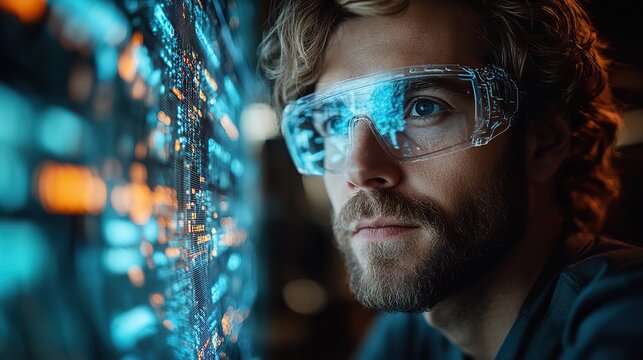 A male worker utilizing a holographic display to view global shipping data, representing modern Industry 5.0 concepts.