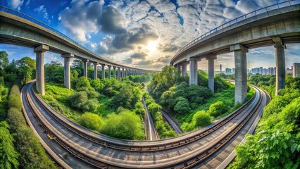 Fototapeta premium Curve on the highway and subway track separated by tall vegetation viewed through a fisheye lens