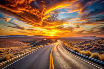 Curved highway desert road at sunset with symmetrical scenery, perfect for ultra HD wallpaper