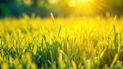 Cut grass lawn with green and golden yellow blades of grass reflected in background