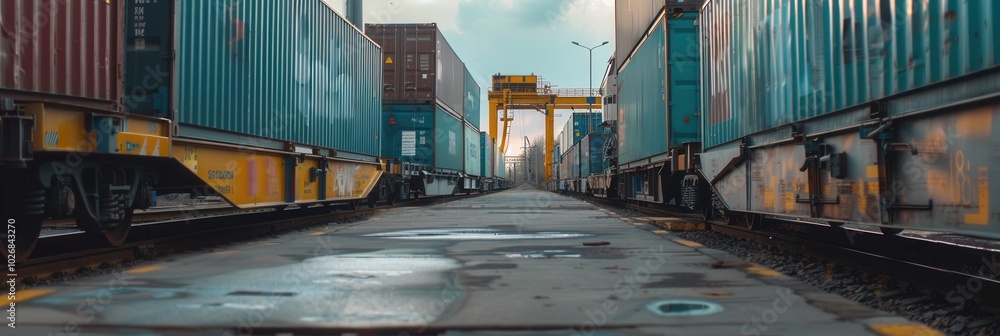 Poster a freight train is actively being loaded with colorful containers at a busy railway station under a 