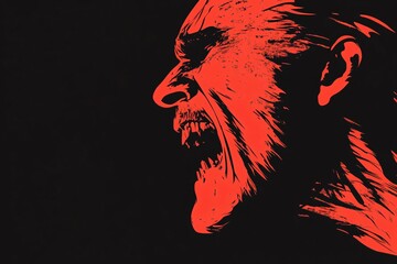 Red silhouette of vampire screams or growls on black background. Evil Halloween monster, scary zombie. Horror and psychological thriller concept. Retro comic style illustration for design