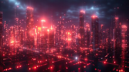 Naklejka premium A metaverse smart city with IoT, AI, and 3D robots analyzing city architecture using big data and futuristic internet technology interfaces.