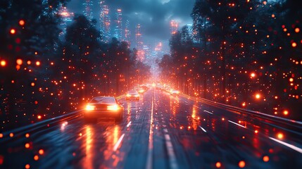 Fototapeta premium A metaverse smart city with IoT, AI, and 3D robots analyzing city architecture using big data and futuristic internet technology interfaces.