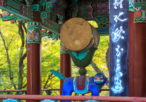 A traditional drum on a Haetae at Cheonggoksa Temple, Jinju-si, Gyeongsangnam-do, Korea - October 25, 2019: Haetae is a legendary animal appears in Buddhist tales.