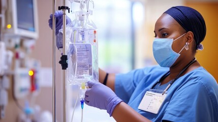 Hospital Ward Professional Black Head Nurse Wearing Face Mask Does Checkup of Patient's Vitals